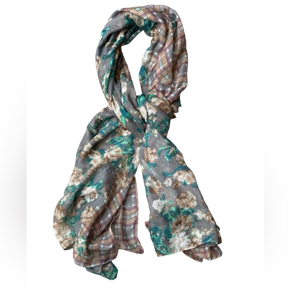 Unbranded Plaid & Watercolor Floral Print Long Scarf